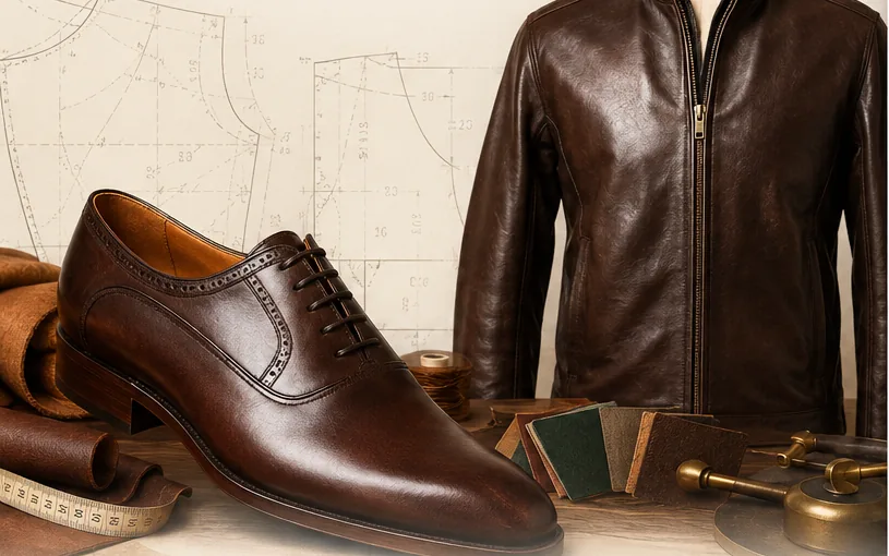 Handcrafted leather shoe and jacket in an atelier workshop